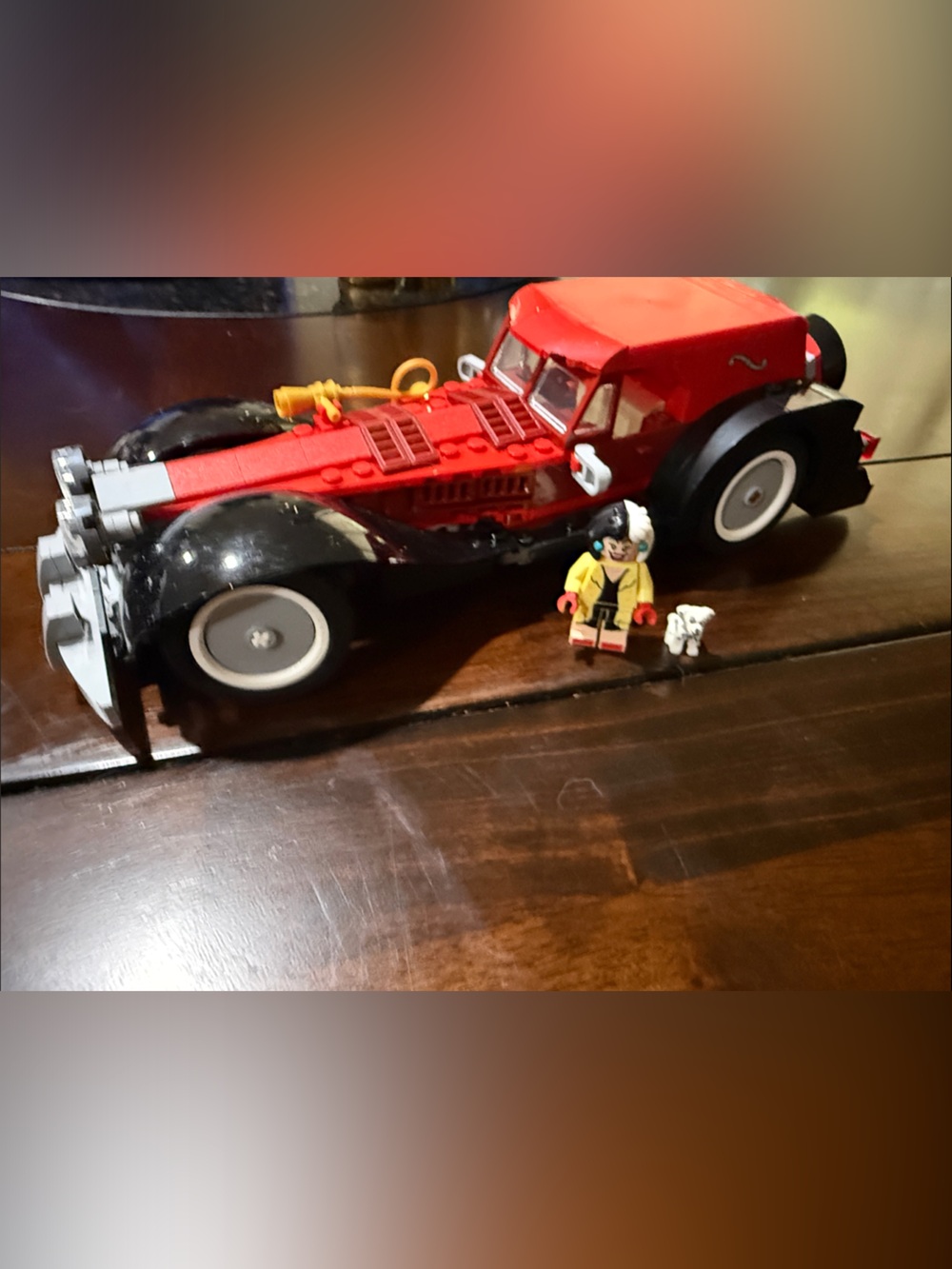 Lego Red and Black Classic Roadster with Cruella Minifigure and Dalmatian Puppy